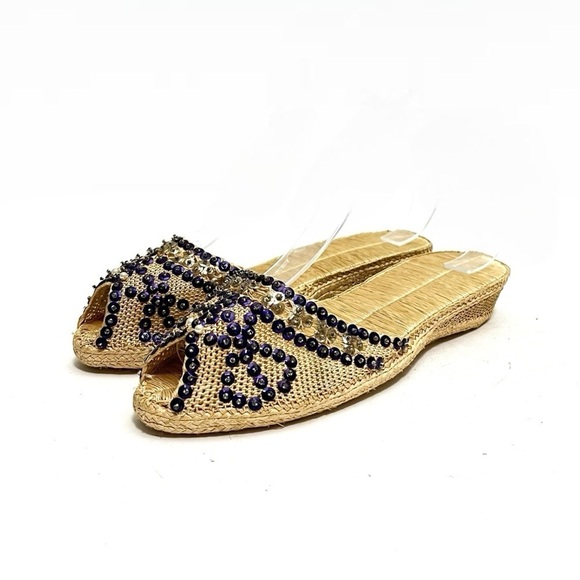 Vintage 1990s purple sequin beaded peep toe rattan wedge espadrille sandals - Picture 6 of 8